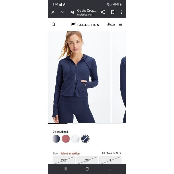 New XS Fabletics Abyss Blue Bailey Cropped Pureluxe Hoodie Jacket Athletic - Picture 1 of 8